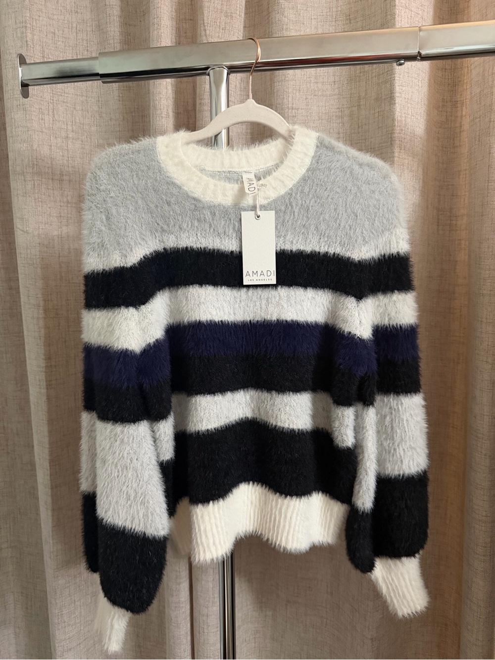 AMADI Striped Fuzzy Crewneck Sweater - White, Black, Navy